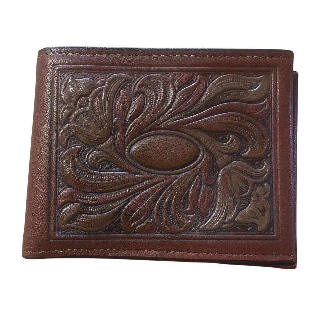Amity Vintage Brown Cowhide Leather Embossed Floral Bifold Wallet 06405 20